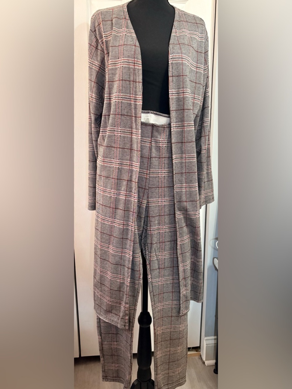 Plaid Long Open Front Jacket and Pants Set - Grey with Subtle Red Windowpane